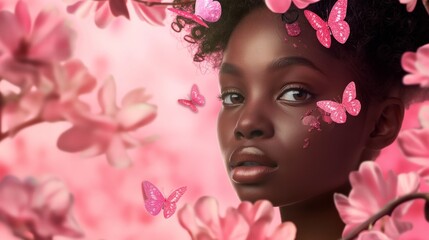An artful portrayal capturing an African American girl's allure, adorned with graceful pink butterflies, set against a studio pink backdrop, illustrating the beauty and naturalness of cosmetic product