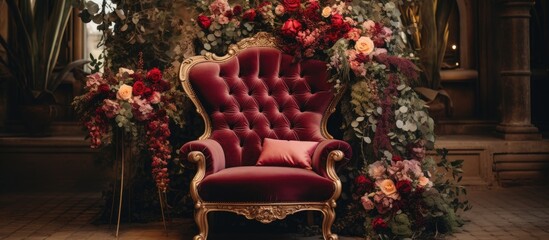 A magenta chair is placed in front of a colorful wall of flowers, creating a beautiful contrast. The scene resembles an art installation in a building