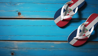 Pair of beach sandals with flag Dominican Republic. Slippers for summer sea vacation. Concept travel and vacation in Dominican Republic.