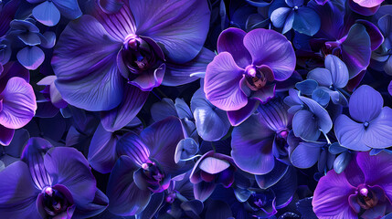 A dreamy pattern featuring exotic orchids in hues of violet - obrazy, fototapety, plakaty