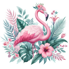 Pink Flamingo bird with tropical plants and flowers