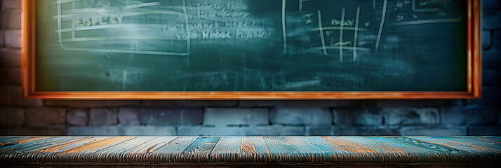 Classroom Interior with Blackboard and Wooden Desks, Education and Learning Environment Concept