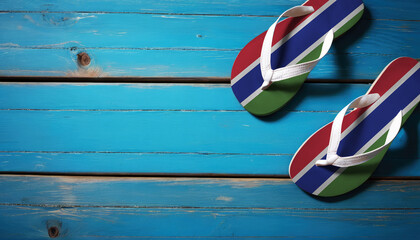 Pair of beach sandals with flag Gambia. Slippers for summer sea vacation. Concept travel and vacation in Gambia. - obrazy, fototapety, plakaty