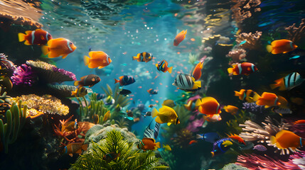 A colorful school of fish swimming in a coral reef