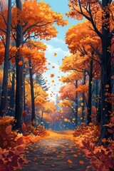 Naklejka na ściany i meble Autumn forest, cartoon vector style