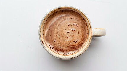 Close up of hot cacao latte with milk foam in cream