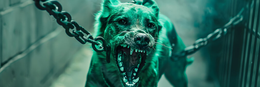 a wild and dangerous poisonous green colored dog from hell pulls on its chain and bares its teeth, in the style of an action or horror movie