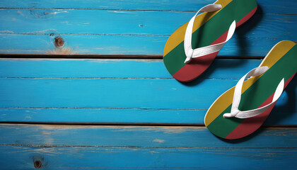 Pair of beach sandals with flag Lithuania. Slippers for summer sea vacation. Concept travel and vacation in Lithuania. - obrazy, fototapety, plakaty