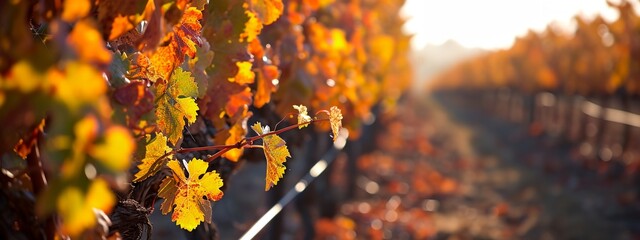 a vineyard with vines and sun shining through the leaves - obrazy, fototapety, plakaty