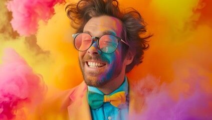 a man with a bow tie and glasses on a colorful background - obrazy, fototapety, plakaty