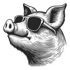 pig wearing sunglasses and a cap in detailed style sketch engraving generative ai fictional character vector illustration. Scratch board imitation. Black and white image.