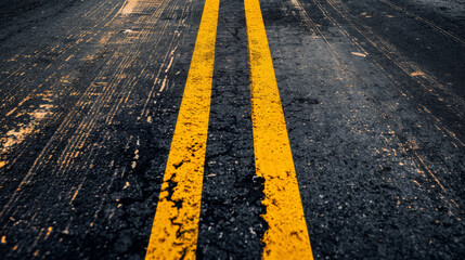 Weathered Asphalt Texture with Yellow Road Marking Lines and Speckled Paint - Powered by Adobe