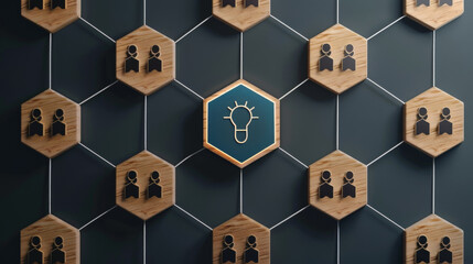 Wooden Hexagon Tiles with People Icons Connected by Lines on Blue Background