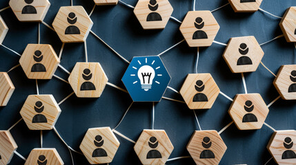 Wooden Hexagon Tiles with People Icons Connected by Lines on Blue Background