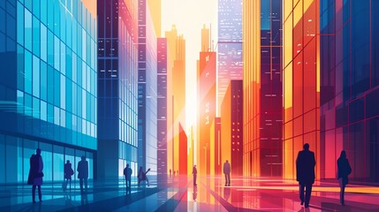 a group of people walking down a street next to tall buildings in a city at sunset - obrazy, fototapety, plakaty
