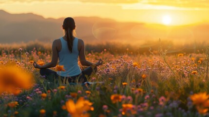 Woman Meditating in Wildflower Field