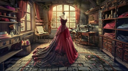 a vintage atelier with atmospheric highlighting a majestic and elaborate gown on a mannequin
