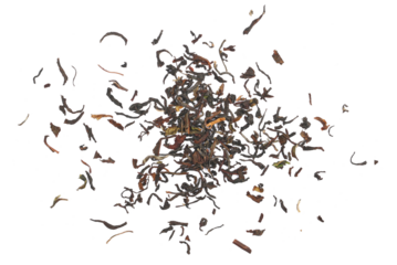 Heap Darjeeling Tea dried tea leaves isolated on white, top view