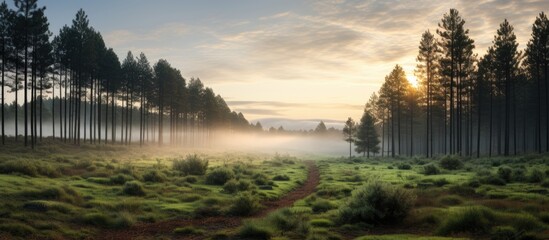 Obraz premium The sun shines through the foggy forest, creating a beautiful natural landscape with clouds drifting in the sky, water reflecting the light, and trees standing tall amidst the grassy landscape