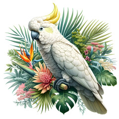 Cockatoo bird with tropical plants and flowers - 768999999