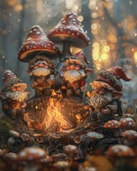 Fototapeta na wymiar Amidst Mushroom Village, five merry gnomes swayed around the flickering flames, their laughter echoing through the forest, Close up