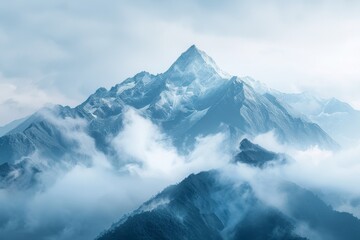 Snowcovered mountain under cloudy sky with cumulus clouds on a cold day