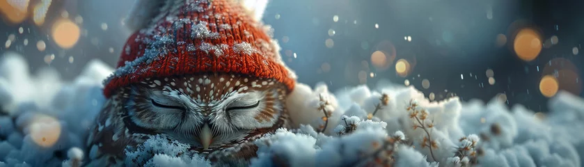 Fototapeten In a dreamy candy cloud world, an owl wears a cozy sleeping hat, peacefully snoozing while standing, creating a scene of serene charm, Close up © ANNetz_PK