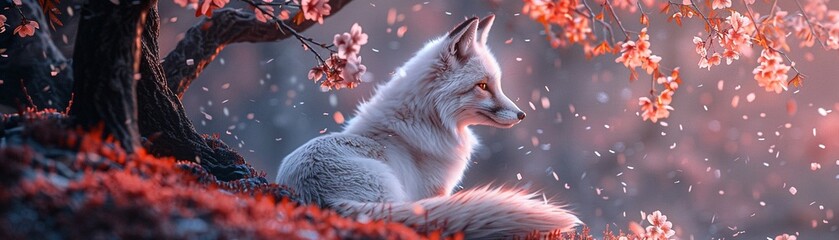 In a serene scene, a white nine-tailed fox sits beneath a cherry tree, watching cherry blossoms cascade gently around