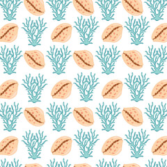 Seamless pattern of shells and corals. Trendy cartoon seashell pattern for wrapping paper, wallpaper, stickers, laptop cases, children's books.