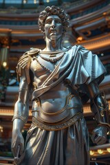 Visualize an iconic Greek statue, immersed in the vibrant atmosphere of a modern game center, engrossed in gameplay, Close up