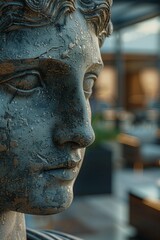 Visualize an iconic Greek statue, immersed in the vibrant atmosphere of a modern game center, engrossed in gameplay, Close up