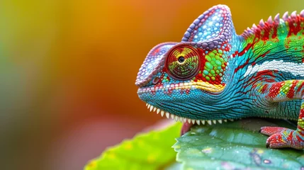  colorful chameleon perched on a green leaf © PiBu Stock