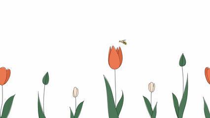 Seamless border of tulips hand drawn in simplified children cartoon naive style on white background.Cute bee flying over flower.For design of website or shop for spring or summer.Raster illustration