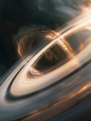 Fototapeta premium Rendering of a black hole in space, showing its gravitational pull distorting light and matter around it