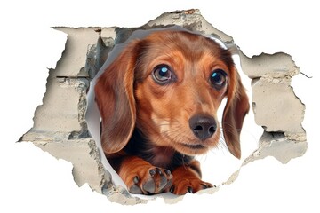The dog looks through a hole in the wall . The dachshund's pet looks through a hole in the wall