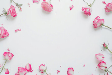 A decorative frame border composed of beautiful flower roses on a white background