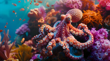 A curious octopus exploring a colorful coral reef