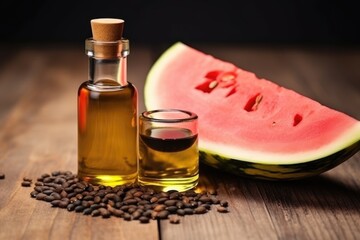 Obraz na płótnie Canvas Golden seed oil in bottle and glass with halved watermelon backdrop. Artisan Watermelon Seed Oil with Cut Watermelon