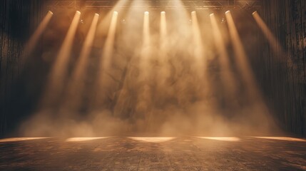 Empty stage lit by spotlights with atmospheric haze