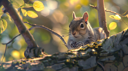 A curious squirrel perched on a tree branch