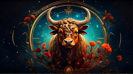 Taurus, the reliable and grounded zodiac sign, is known for its steadfast nature, determination, and appreciation for the finer things in life according to astrology - obrazy, fototapety, plakaty
