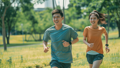 Active Asian Couple Enjoying a Run in the Park