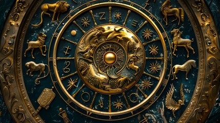 a gold and blue clock with zodiac signs on it's face - obrazy, fototapety, plakaty