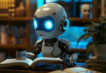 Fototapeta premium a robot reading a book on a table in a room with a bookcase and a plant in the background