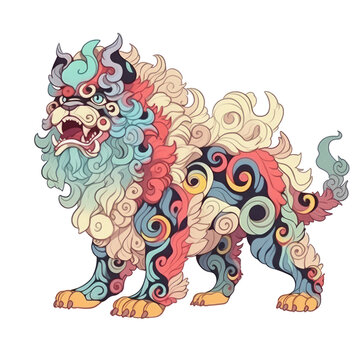 An illustration of a colorful komainu