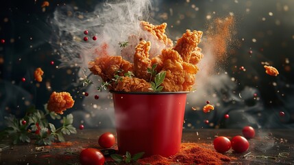 a bucket of crispy fried chicken with steam rising, accentuated by a dramatic burst of spices