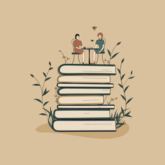 Concept: book is source of knowledge.A tiny woman with friend sitting on stack of books and reading books.Volumes with plants as symbol of education.For library or bookstore.Hand-drawn raster
