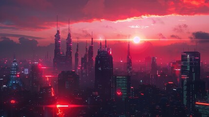 Futuristic city skyline at dusk with neon lights - obrazy, fototapety, plakaty