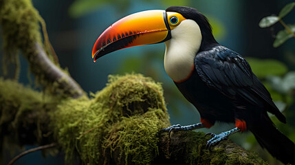 Fototapeta premium A vivid image capturing the beauty of a toucan with its iconic beak perched gracefully on a moss-covered branch in a natural environment