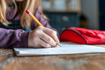Une main d'enfant, saisissant fermement un crayon, en train d'écrire sur une feuille de papier.  - obrazy, fototapety, plakaty